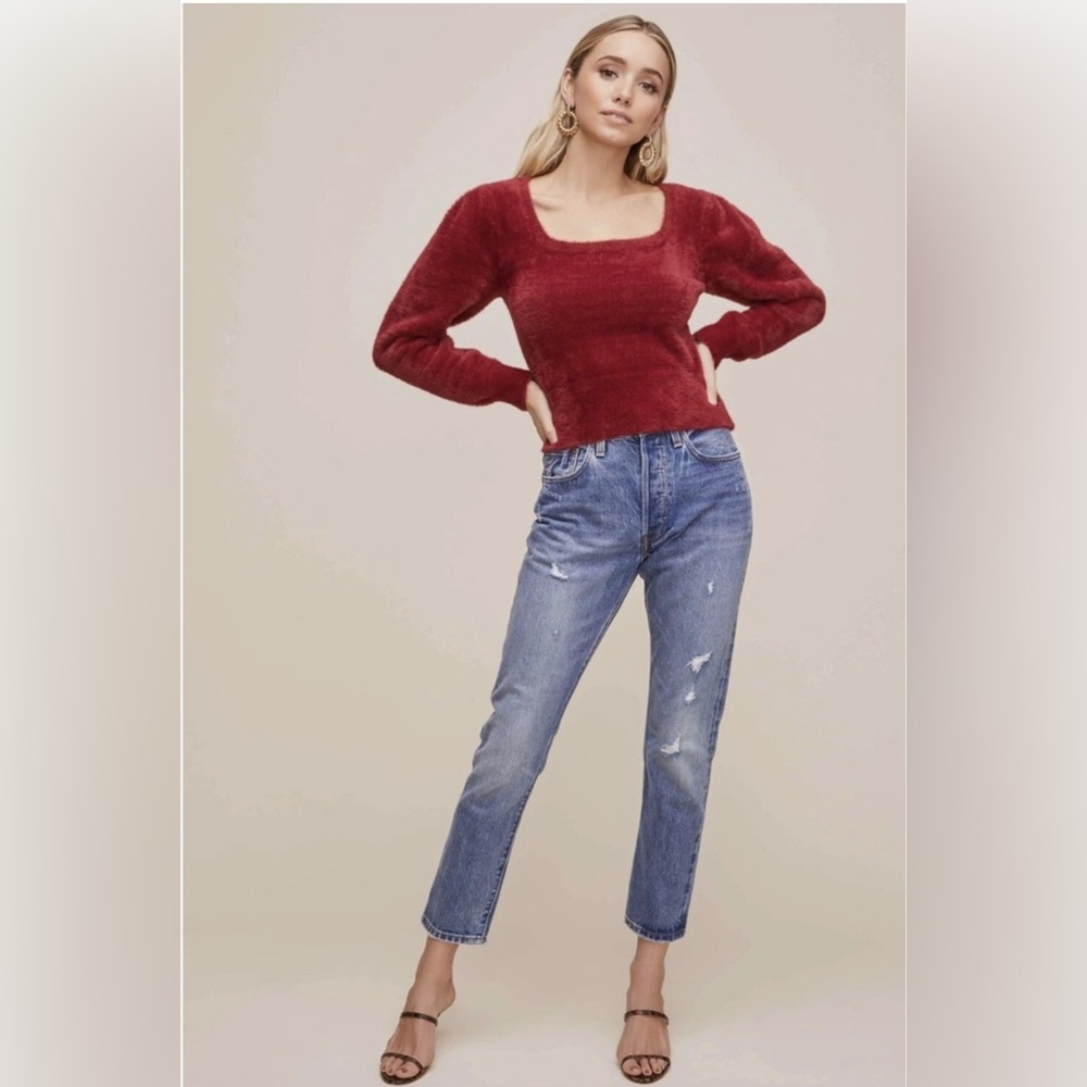 Revolve ASTR The Label New Size L Square Neck Fuzzy Sweater Puff Sleeve Red Wine